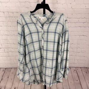 J Jill Plaid Seafoam Blue Gauzy Button Up Tunic Shirt Size Medium